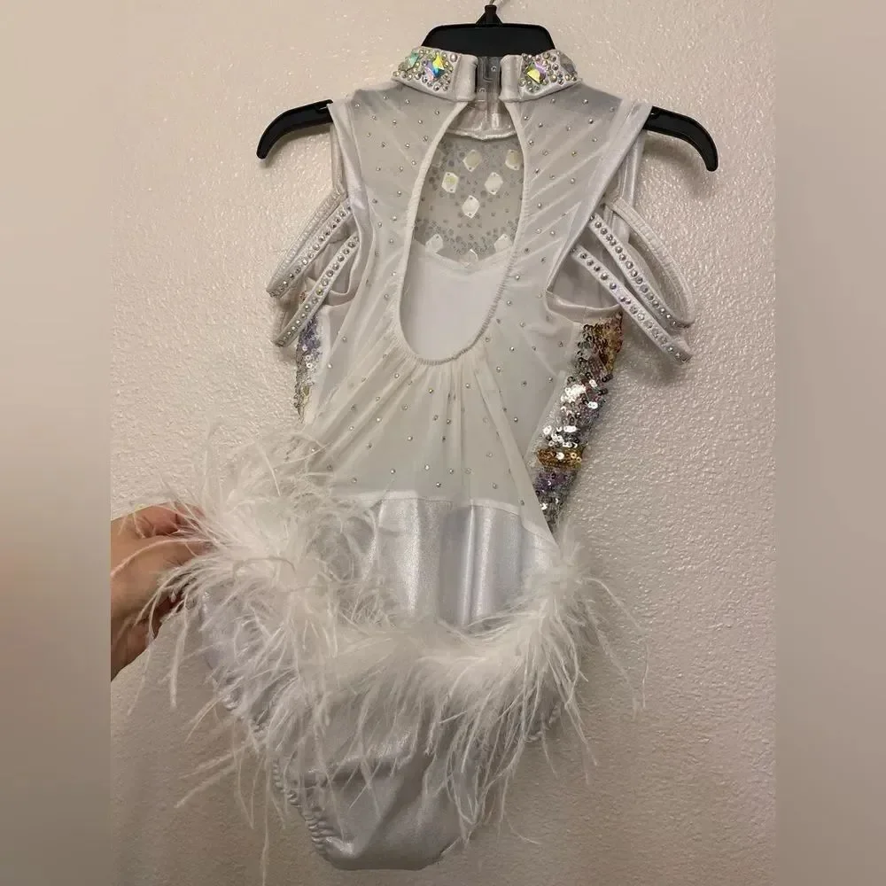 Glamour solo dance costume jazz sassy silver sequin rhinestoned feather SA adult